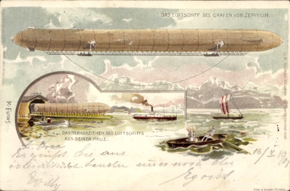 Künstler Litho Fuchs, Karl, Luftschiff über dem Bodensee, Zeppelin