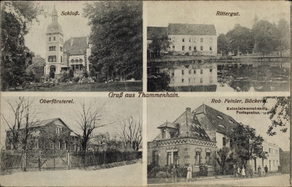 Ak Thammenhain Lossatal in Saksen, kasteel, landhuis, bosbouwafdeling, bakkerij en winkel