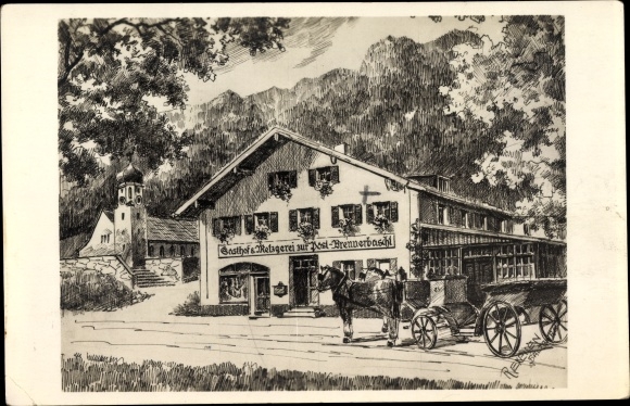 Artist PC Bischofswiesen Upper Bavaria, inn and butcher&#39;s to the post office, Brenner Bascht, carriage