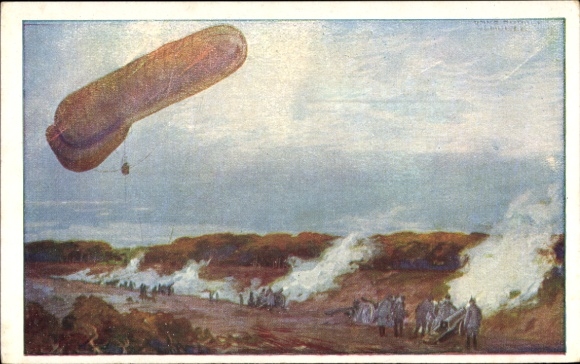 Artist Postcard Schulze, Hans Rudolf, Tethered Balloon of the German Air Fleet in World War I, Artillery