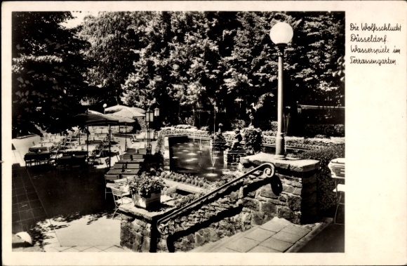 Ak Düsseldorf am Rhein, Die Wolfsschlucht,  Wasserspiele, Terrassengarten, Grafenbergerwald
