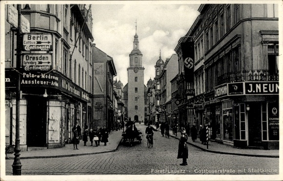 Postcard Forst in der Lausitz, Cottbuser Straße, city church, shops