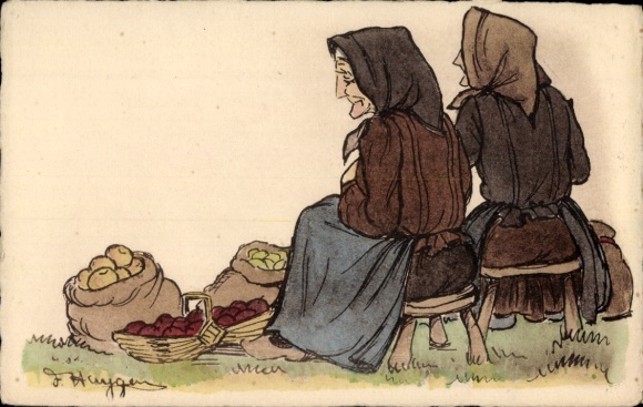 Künstler Ak  Zwei alte Frauen in traditionellen elsässischen Trachten auf dem Markt