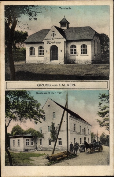 Postcard Falken Callenberg in Saxony, gymnasium, restaurant at the post office