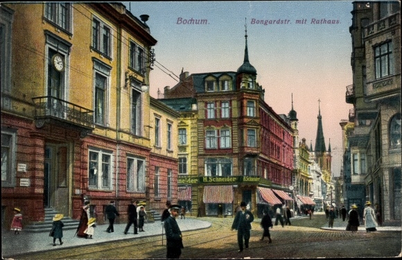 PC Bochum in the Ruhr area, Bongardstrasse with town hall, plot by H. Schneider