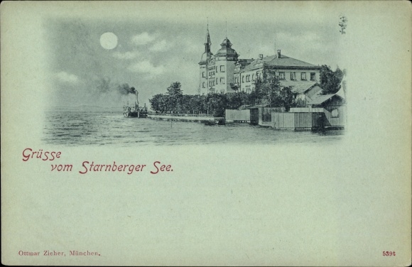 Moonlight Postcard Berg am Starnberger See in Upper Bavaria, bank area with steamer landing stage