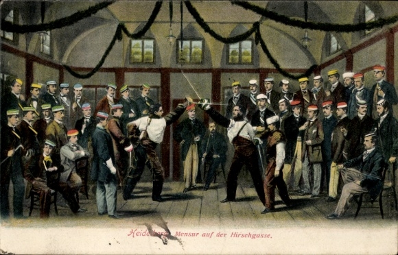 Studentika Postcard Heidelberg, fraternities' duel on Hirschgasse, fencing