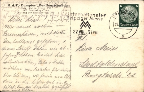 Ak KdF Stoom boot Der Deutsche, 11469 BRT