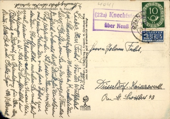 Ak Landpoststempel (22a) Knechtsteden über Neuß