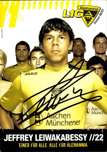 Handtekeningkaart voetballer Jeffrey Leiwakabessy, Alemannia Aachen, handtekening