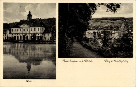 Postcard Bad Karlshafen on the Weser, Town Hall, path to Carlsplatz