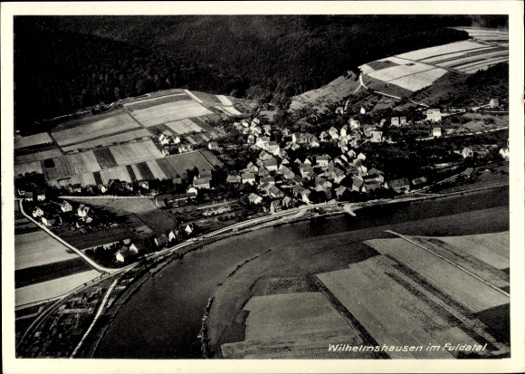 Postcard Wilhelmshausen in the Fuldatal, aerial view of Fuldatal, fields, houses, river