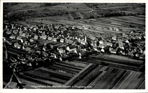 Postcard Hügelsheim am Rhein, aerial photograph