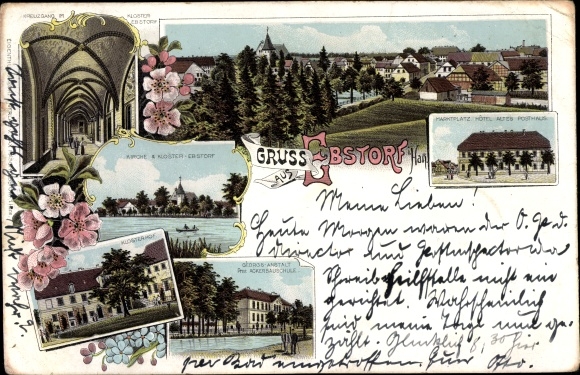 Litho Ebstorf in der Lüneburger Heide, Marktplatz, Hotel Altes Posthaus, Klosterhof, Schule, Kloster
