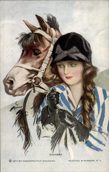 Artist Postcard Fisher, Harrison, Winners, woman with her horse, sport riding, jockey outfit