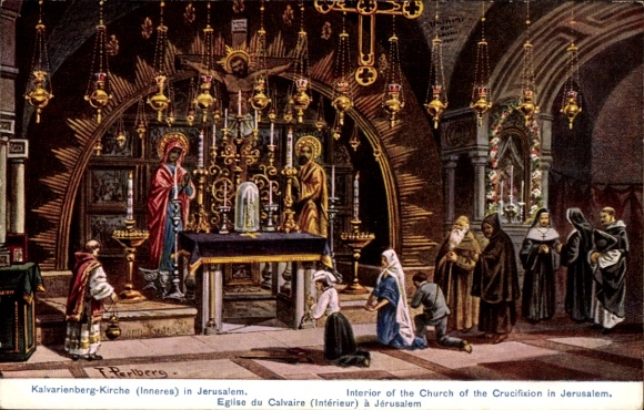 Artist Postcard Perlberg, F., Jerusalem Israel, Calvary Church