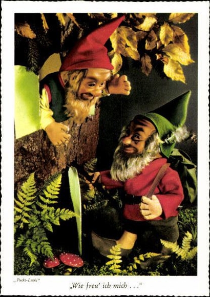8 old Postcard dwarfs in the forest Pucki Lucki, various views
