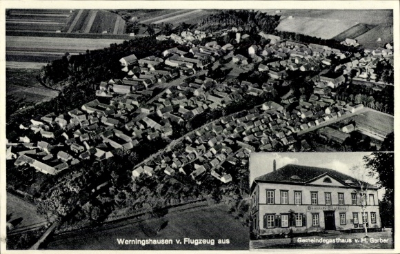 Postcard Werningshausen in Thuringia, aerial photograph, community inn by H. Gerber