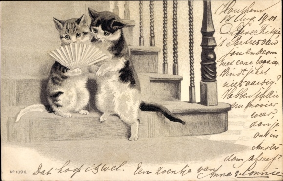 Embossed Chromo-Litho Two cats climb stairs, cat with fan