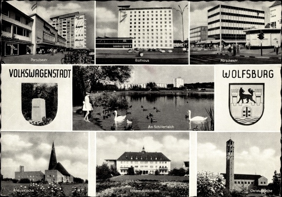 Postcard Wolfsburg, Volkswagenstadt, Porschestr., City Hall, Kreuzkirche, Christuskirche