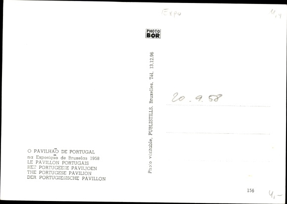 Postcard Bruxelles Brussels, World Exhibition 1958, The Portuguese Pavilion