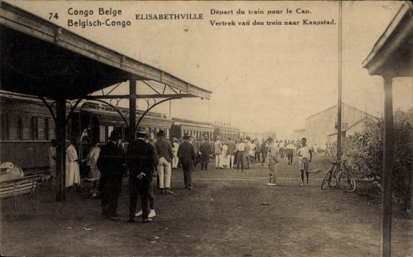 Postal stationery Postcard Lubumbashi Elisabethville DR Congo Zaire, railway station, railway departure, Cape Town