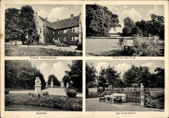 Postcard Gahry Wiesengrund Niederlausitz, , castle side view, view of the park, driveway, castle pond