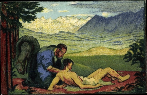 Ganzsachen Ak Schweiz, Bundesfeierkarte 1917, Rotes Kreuz, verwundeter Mann, Gebirge