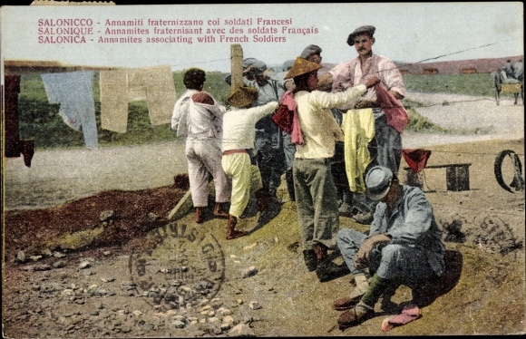 Postcard Saloniki Thessaloniki Greece, French and Vietnamese soldiers