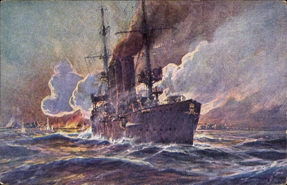 Artist Postcard Stöwer, Willy, SMS Emden bombards Madras, cruiser, Imperial Navy, I. WK