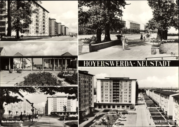 Postcard Hoyerswerda in Oberlausitz, Neustadt, Magistrale, Kaufhof, Bert-Brecht-Strasse