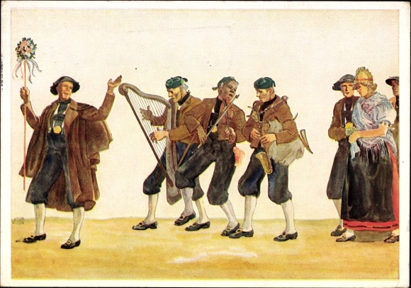 Kunstenaarskaart Schönecker, Toni, Egerländer huwelijksstoet, kostuums, Sudeten-Duitsers