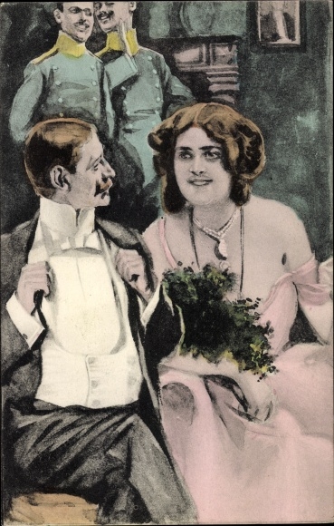 Artist Postcard Couple in evening wear, suit, bow tie, pink dress, sparkling leaves for a happy mood
