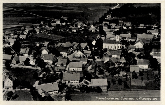 Postcard Schwabsoien in Upper Bavaria, aerial view of houses, church