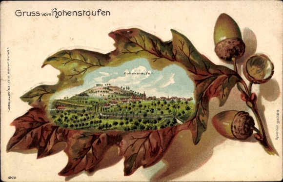 Tłoczony liść dębu litho Göppingen w Wirtembergii, zamek Hohenstaufen