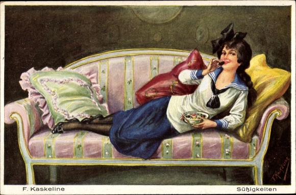 Artist PC F. Kaskeline, sweets, woman, sofa