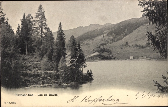 PC Davos Canton of Graubünden, Lake Davos, mountains, trees, by H. Kupperberg