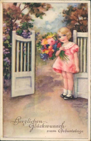 Artist PC Petersen, H., Happy Birthday, Girl, Bouquet, Garden