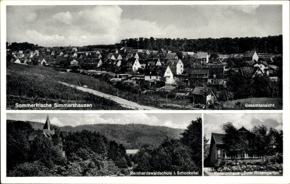 Postcard Simmershausen Fuldatal in Hesse, general view, Pension Zum Rosengarten, Reinhardswaldschule
