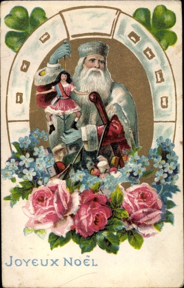 Passepartout Litho Vrolijk kerstfeest, kerstman met cadeautjes, vergeet-mij-nietjes, rozen