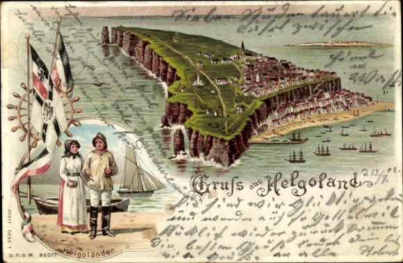 Chromo-Litho Helgoland in Schleswig Holstein, island, Helgoland, flags