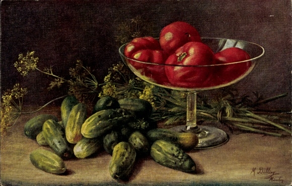 Kunstenaar Ak Billing, M., Komkommers, Tomaten, Stilleven
