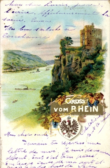 Bacharach am Rhein, castle on rocks, Rhineland landscape, ships on the water