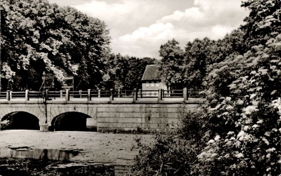 Postcard Lütjensee in Holstein, bridge to the castle, castle mill in the background, trees, river, nature
