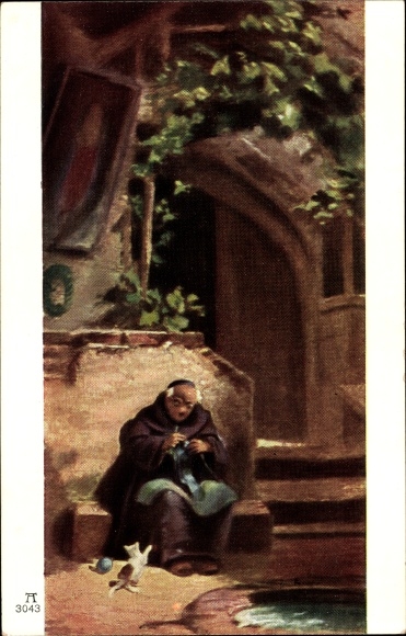 Artist PC Spitzweg, C., knitting monk, cat