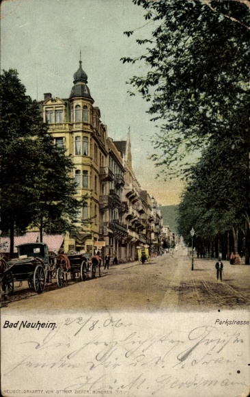 Postcard Bad Nauheim in Hesse, view of Parkstraße, buildings, horse-drawn carriages