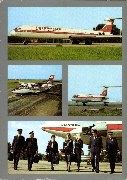 Postcard German passenger plane, Interflug, DDR SEL, Ilyushin IL 62, pilots, stewardess