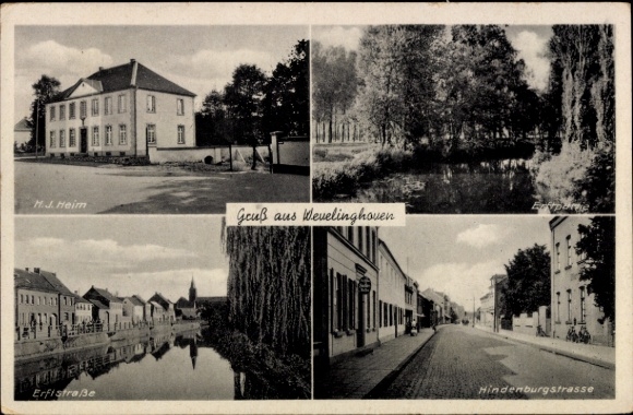Postcard Wevelinghoven Grevenbroich in Westphalia, HJ Heim, Erfistraße, Hindenburgstraße, landscape