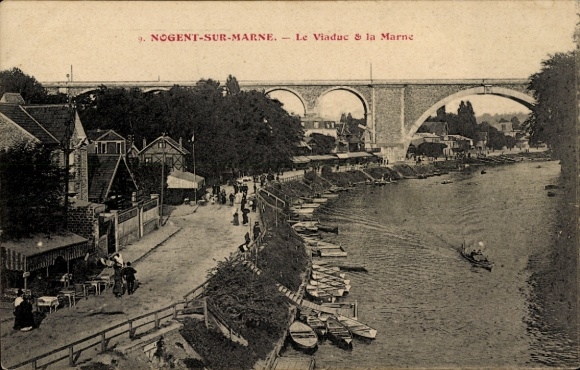 Ak Nogent sur Marne Val de Marne, Viadukt, Marne, Ufer