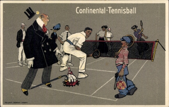 Ak Continental Tennisball, Tennisspiel, Mann mit Blumenstrauß kriegt den Ball ab
